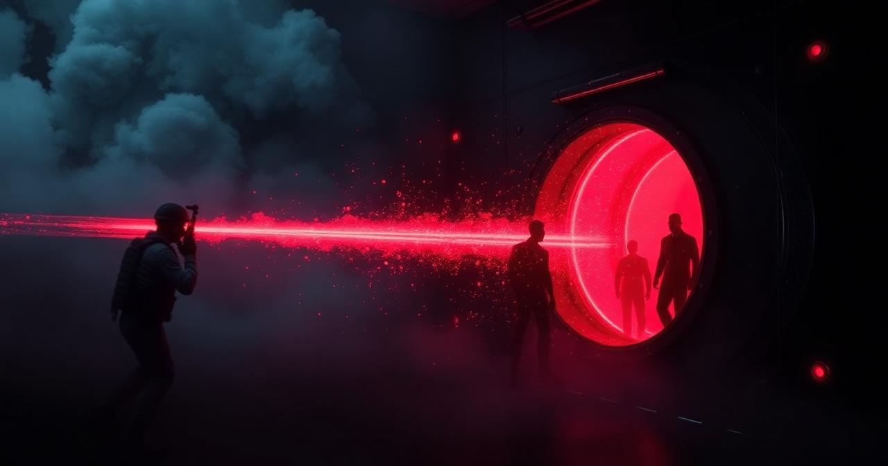 Feixe vermelho atraindo silhuetas de leads para um cofre tático