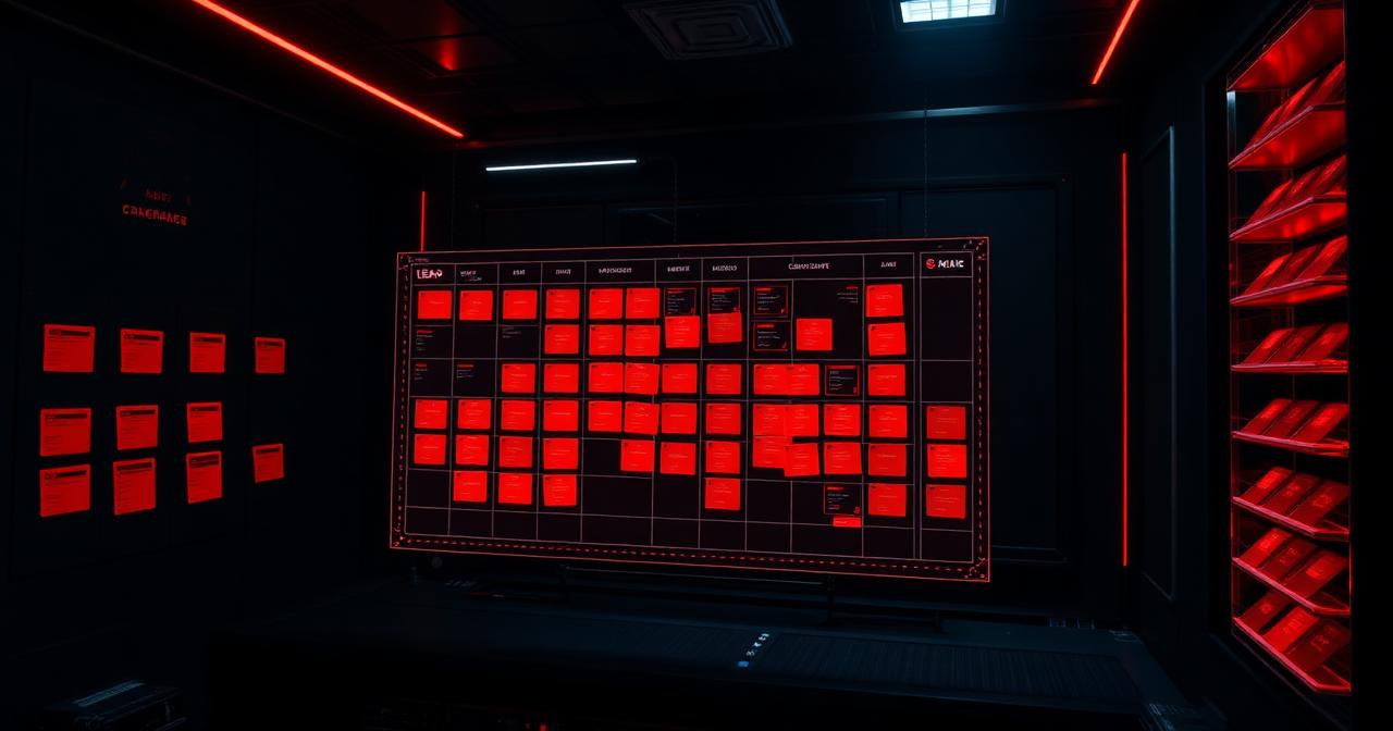Painel kanban tático de gestão de leads em vermelho